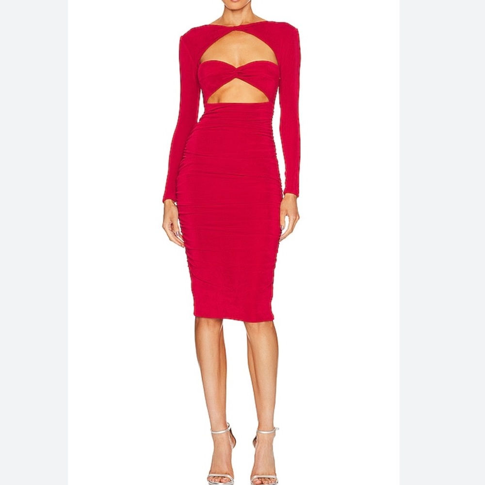 Ser O Ya Eden Dress Size XXS Women Red Long Sleeve Ruched Slinky Fabric Cut Out